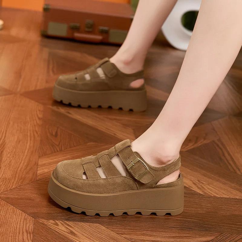 Mode 7CM Rinds Wildleder Hohe Marke Plateau Keilabsatz Ballerinas Sommer klobige Sneaker rutschfeste Sandalen Bequeme Peep Toe Modeschuhe Damen