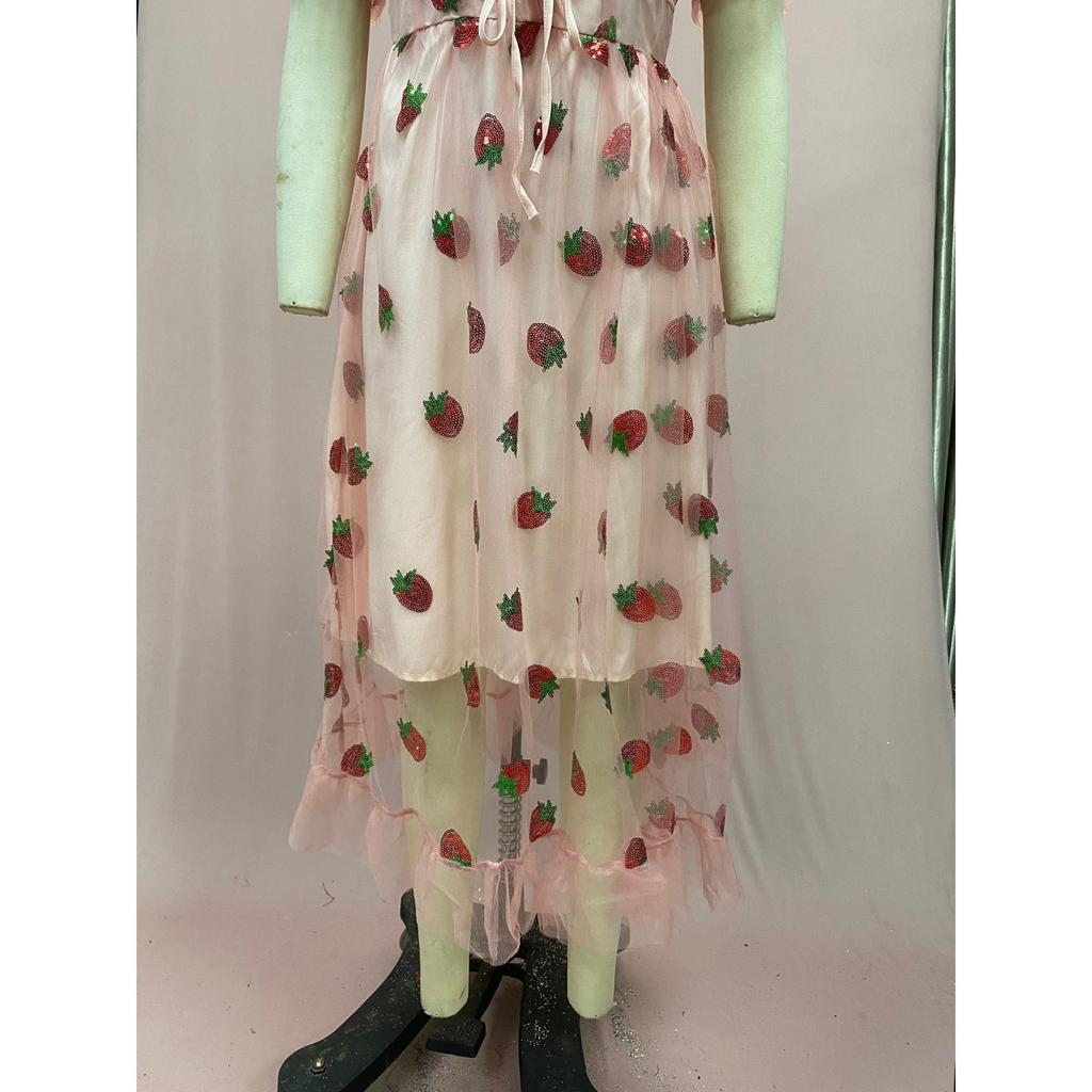 Damen Abendkleid mit Erdbeer-Pailletten-Verzierung, V-Ausschnitt Tüll Schnürung Langes Kleid, Elegantes Sexy A-Linien Ballkleid mit Fließendem Rock