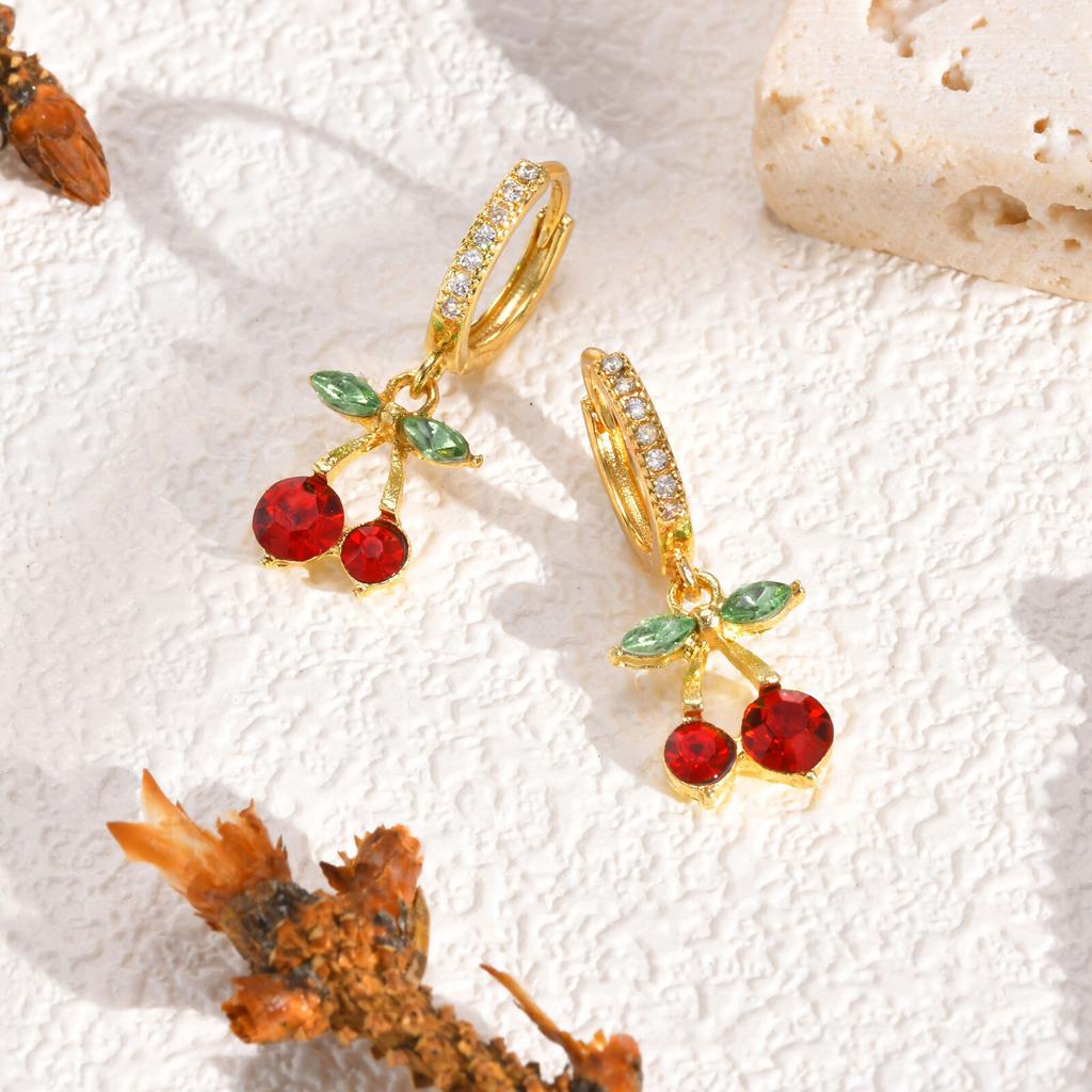 Cherry Zirconia Dangle Earrings for Women, Gold Plated Fruit Shape Pendant Jewelry, Sweet Personal Ear Buckle for Girls