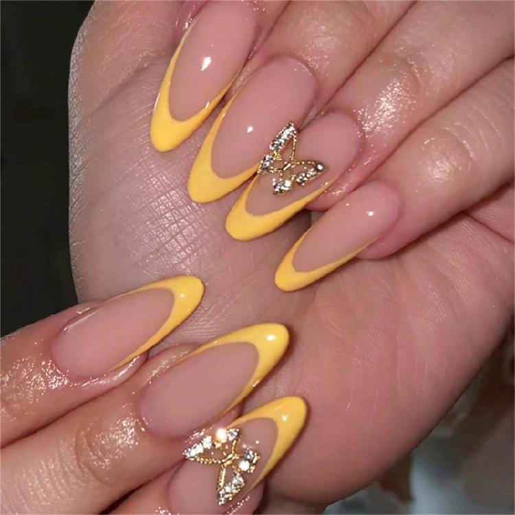 

24 Pcs Glossy Press On Nail Almond Shape False Nail Butterfly Stick On Nail Yellow French Tip Artificial Nail 1