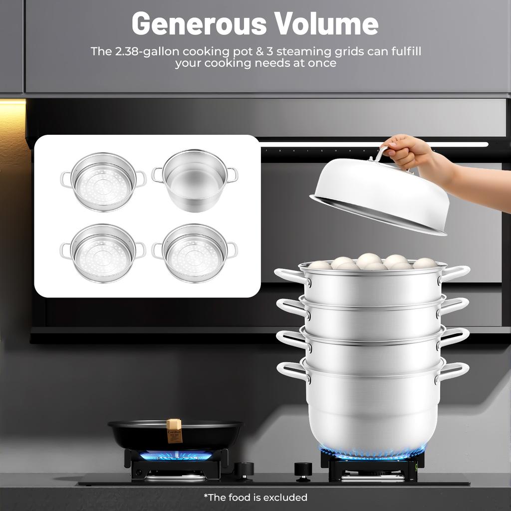 9L 304 Stainless Steel Steamer Pot 3-Layer Stackable Food Steamer for Cooking Soup Bun Vegetable Gas Induction Cooktop