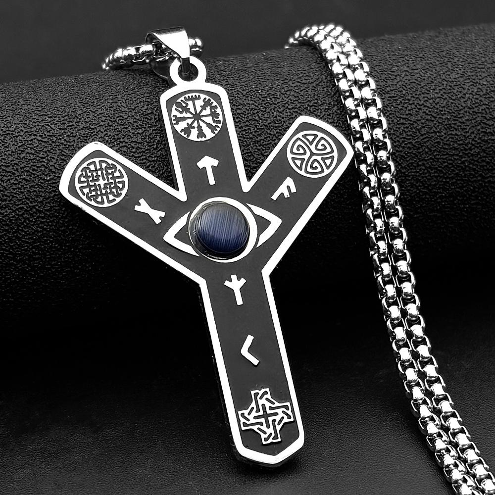 Nordic Viking Rune Odin's Eye Compass Cross Pendant Necklace for Women Men Celtic Knot Natural Stone Chain Divination Jewelry