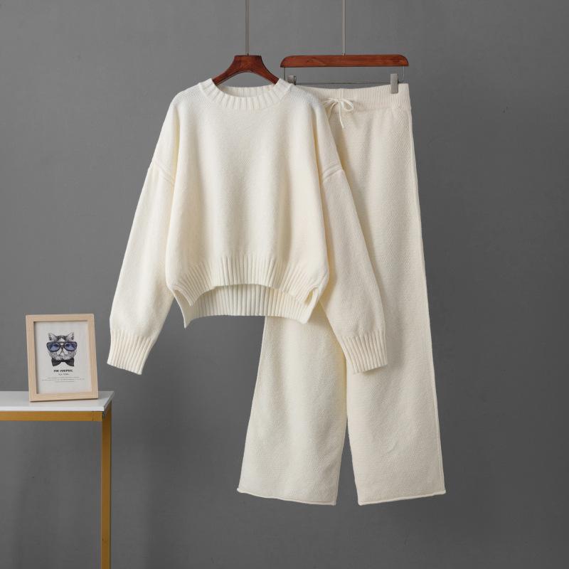 Ladies' Early Autumn New Sweater Fashion Two-piece Set Shoulder Long Sleeve Pullover + Straight Wide Leg Pants Combination