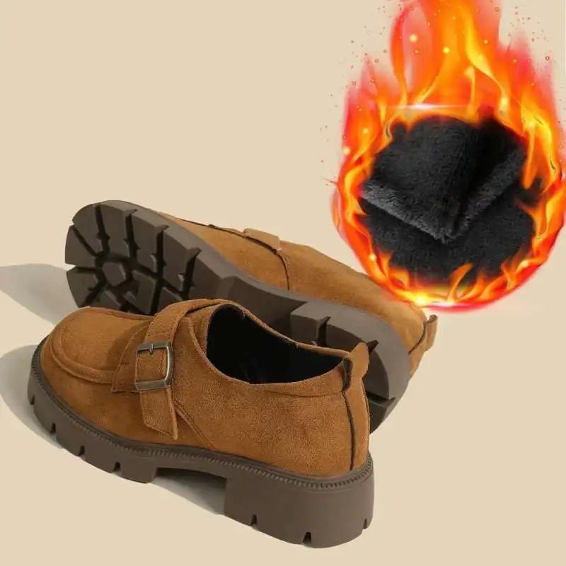 Fashion Women's Height-Increasing Thick-Heeled Shoes British Retro Loafers Commuter Flat Shoes Round Toe Spring Autumn Velvet Cloth Lini