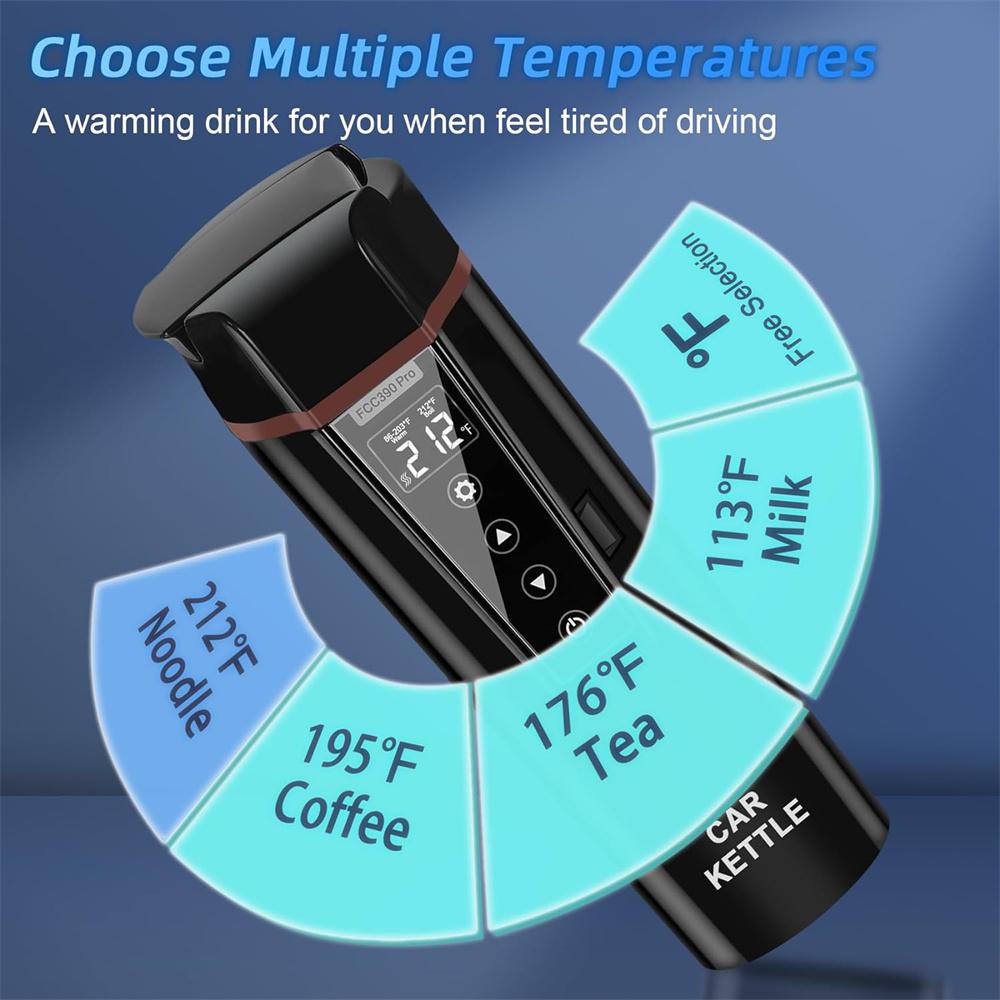Car Electric Kettle:12V/24V Portable Water Boiler Heated Travel Mug,Multiple Temperature Adjustable Coffee Tea Truck Cup