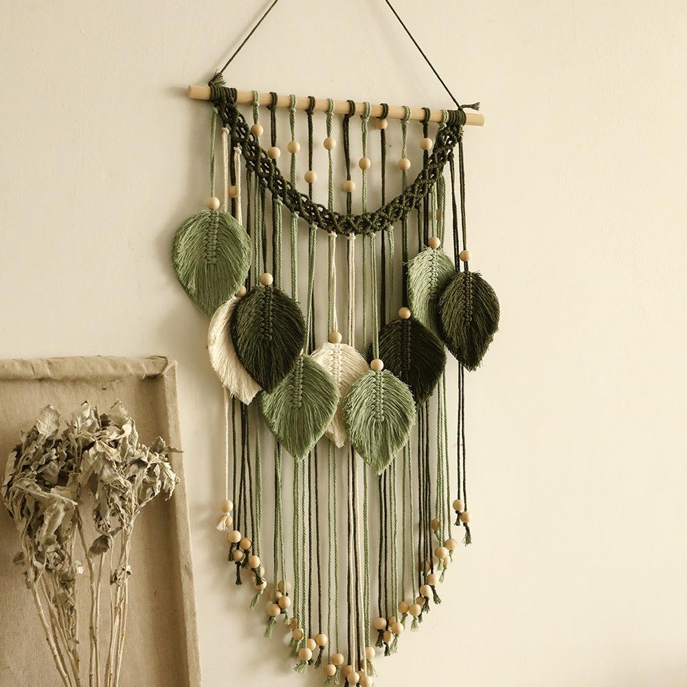 Handmade Cotton Thread Woven Wood Beads Leaf Tapestry Simple Home Bedroom B&B Wall Decoration