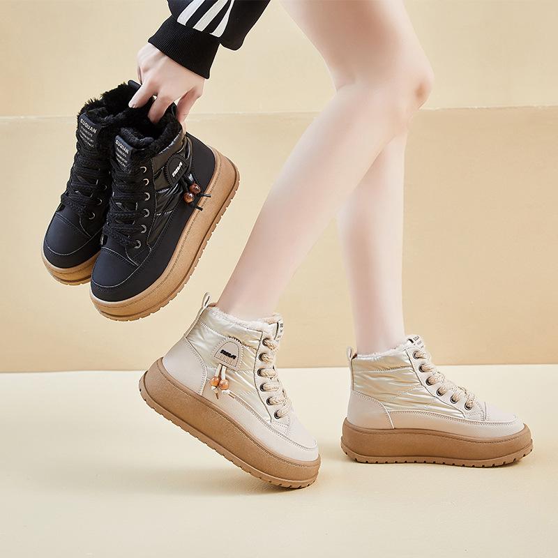 Fleece høye snøstøvler for kvinners vinter nye student ins varme avslappede høydeøkende bomullssko K