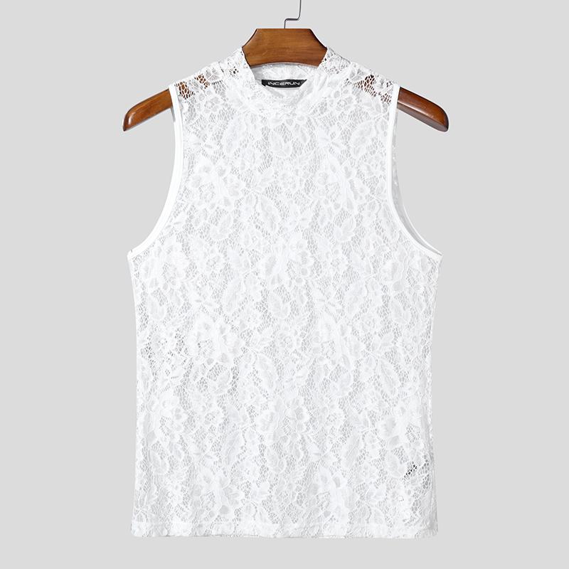 

INCERUN Летние мужские кружевные прозрачные сетчатые топы без рукавов для вечеринок L