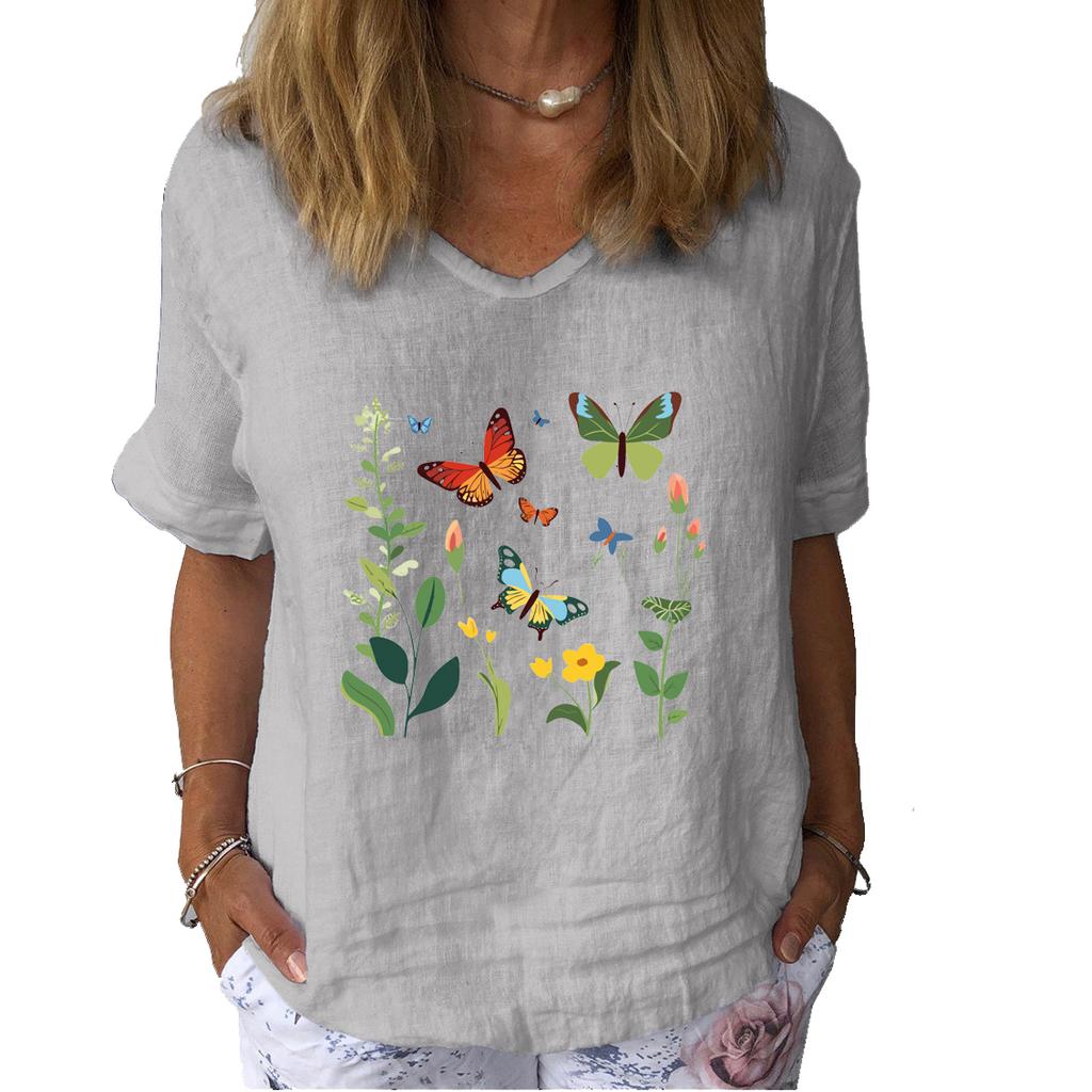 Women Fashion Cat Print Linen Shirt Summer Casual Round Neck Short Sleeve Top Print Pullover Loose Blouse