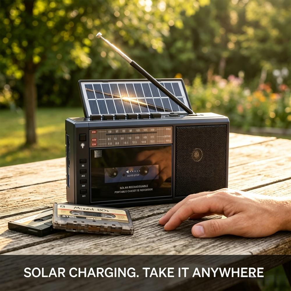 Kassettenrekorder Boombox mit Bluetooth und Solarpanel - AM/FM/SW Radio, USB/TF-Karte, Kopfhöreranschluss, eingebautes Mikrofon, LED-Licht