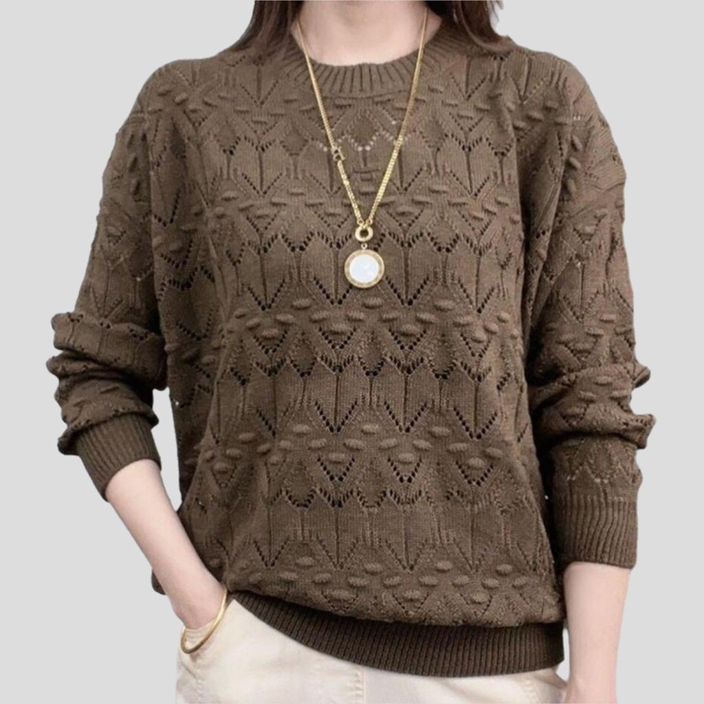 Women's Thin Hollow-out Sweater Spring Summer Solid Color Round-neck Sweater Loose Knitted Pullover Top