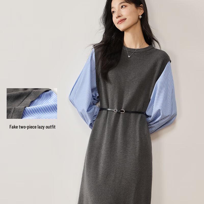 VICTORIA&VERA Women's Faux Two-Piece Slit Midi Shirt Dress