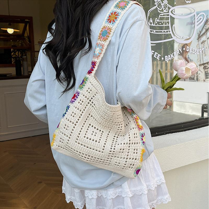 Large Capacity Fashion Cut-out Boho Tote Bag Trendy Floral Crochet Handmade Knitted Bag Vintage Multicolor Hollow Out Handbag