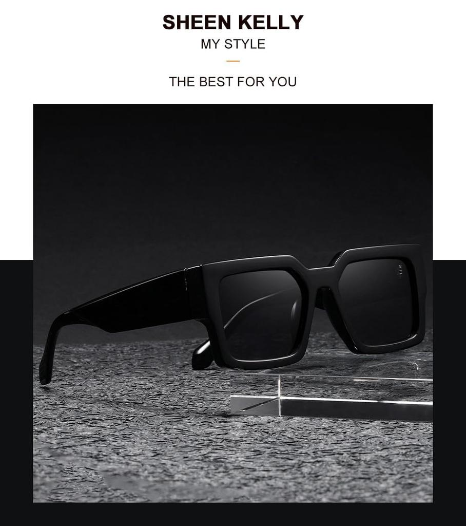Retro Thick Rectangular Sunglasses for Men and Narrow Square Black Tie 90s Style [SHEEN KELLY] Women, Frame,