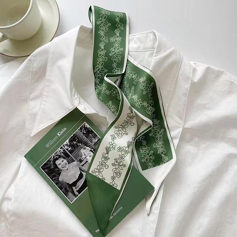 Small White And Tender Green Silk Scarf For Women, Thin Streamer, Headband, Hair Tie, Bag Decoration Long