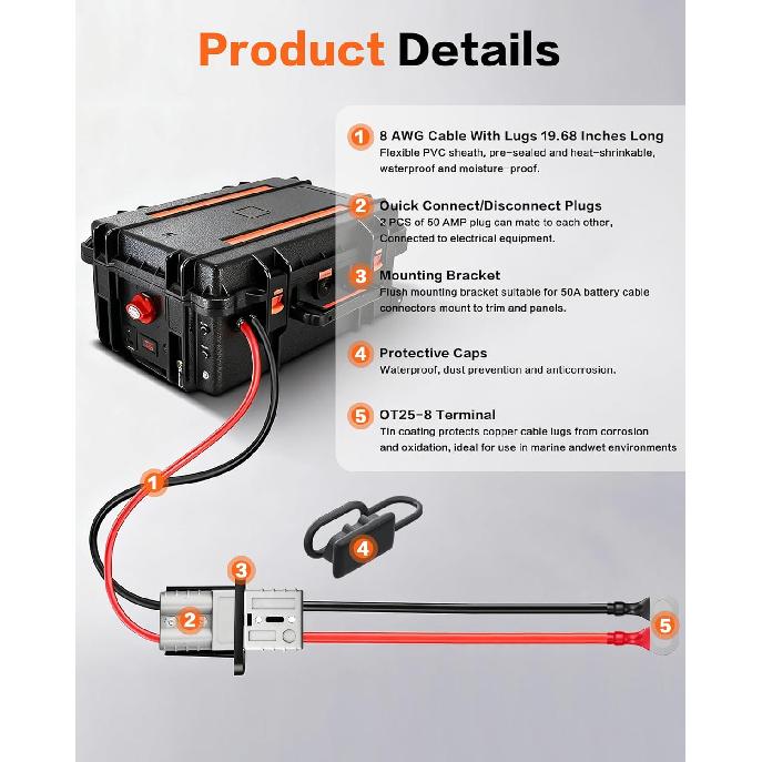 IZTOSS 2PCS 50A Anderson Connector 6 To 12 Gauge Battery Quick Connect/Disconnect Connector 3.28FT 8AWG Cable O-Ring Terminal With Bracket And