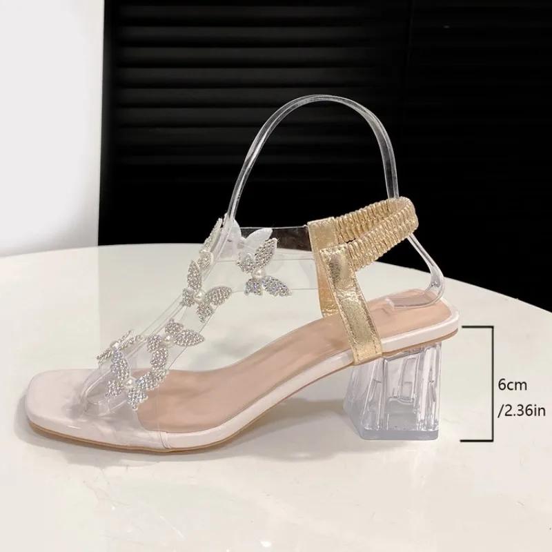 Fashion Size 42 Pvc Crystal Butterfly Decoration Chunky Heel Peep Toe Back Strap Elastic Band Elegant Fashion Shoes Summer Women Sandals