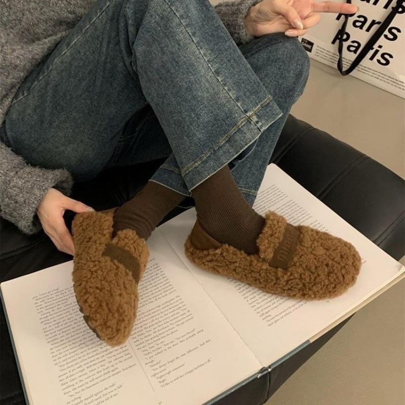 Moda AJGS Metal Tokalı Kemer Peluş Babetler Sıcak Pamuklu Loaferlar Kıvırcık Koyun Kürkü Mary Janeler Kışlık Ayakkabılar Kadın 2024 Lüks Tasarımcı Ayakkabıları