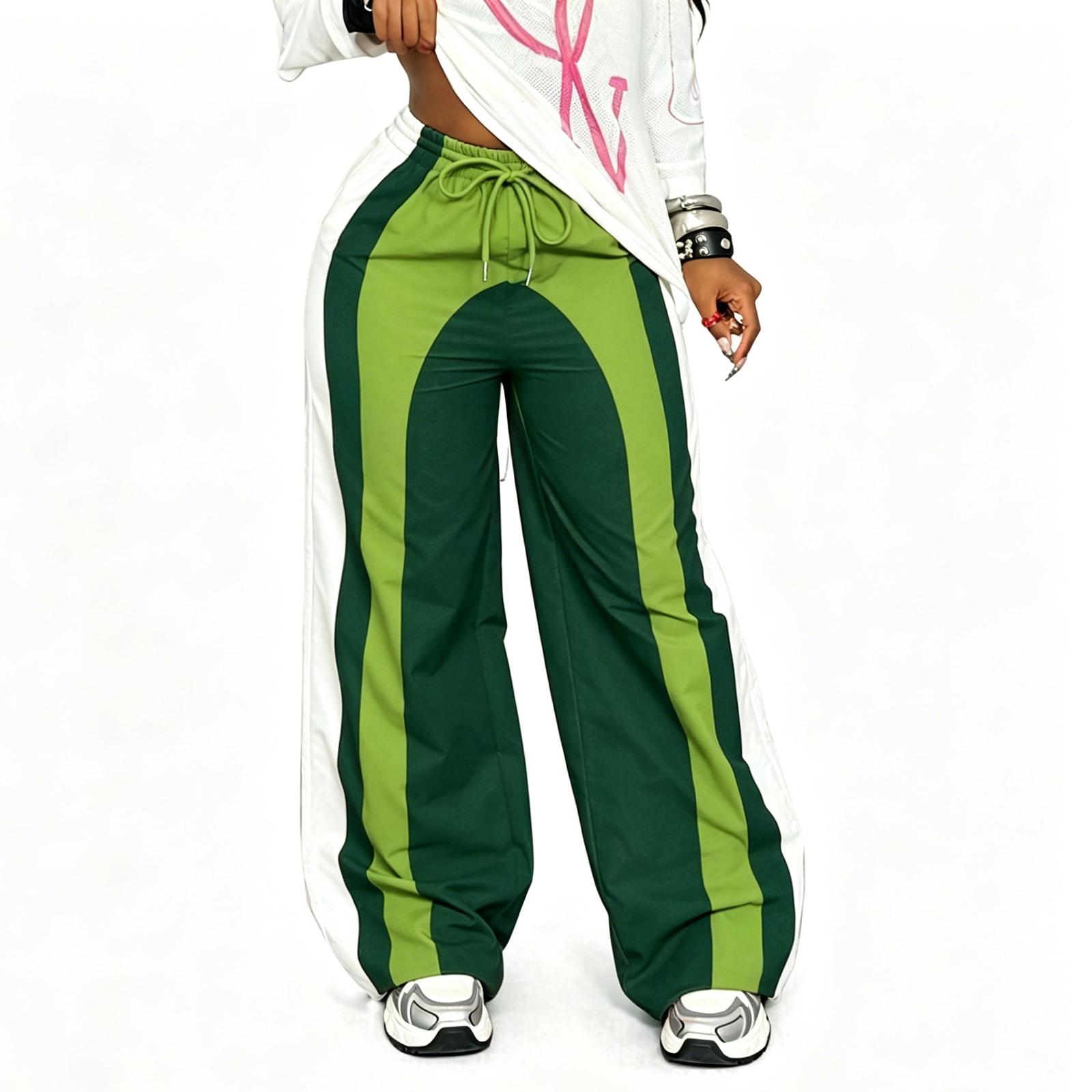Women s Casual Loose Drawstring Waist Contrasting Color Pants L армия зеленый