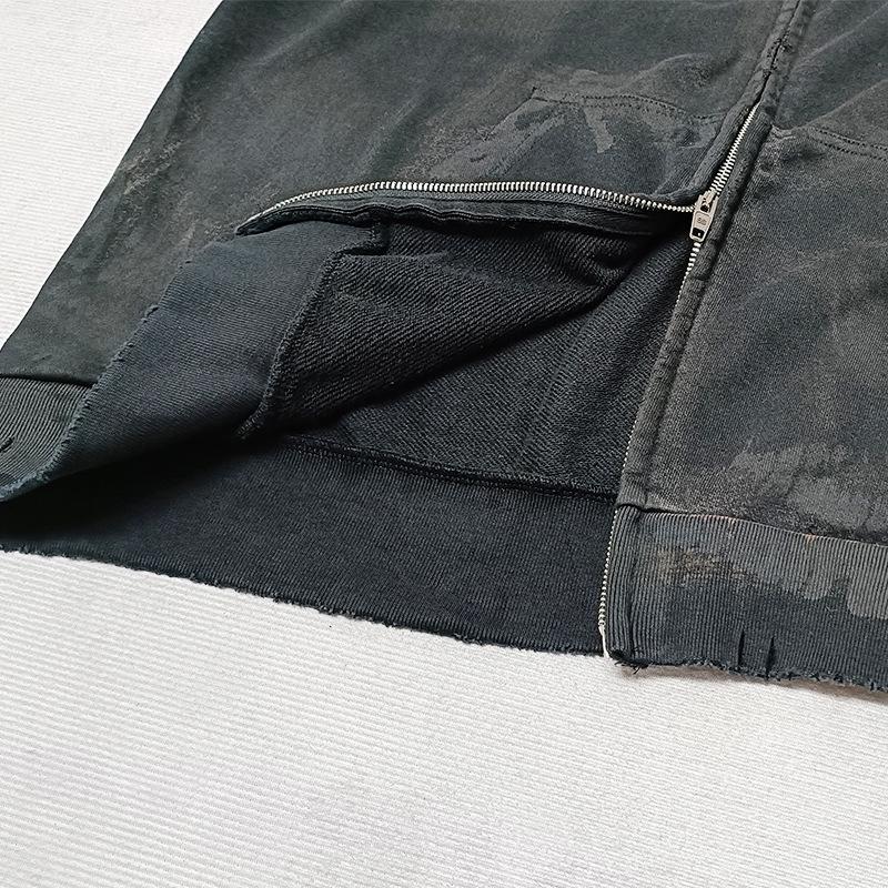 23SS Schwarz Schlammgefärbt Used Reißverschluss Kapuzenpullover Jacke