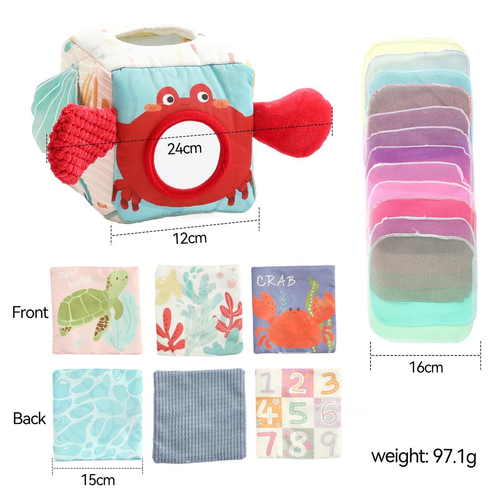 Babyspielzeug Magische Taschentuchbox Baumwoll-Fingerübungs-Montessori Busy Board Spiel Lernspielzeug Weiche Rasselspielzeug Ozean-Stoffbuch