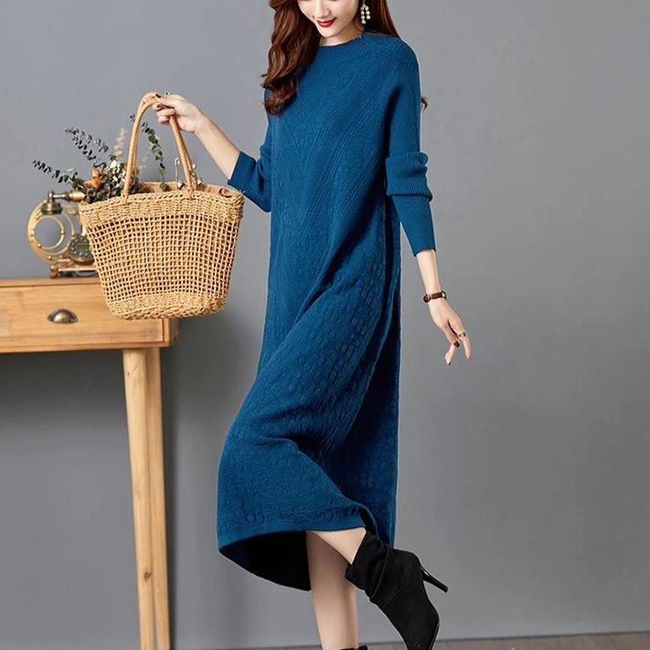 Plus-size Sweater Dress for Women in Autumn and Winter Long Knee-length Knitted Sweater Loose Solid Color Pullover