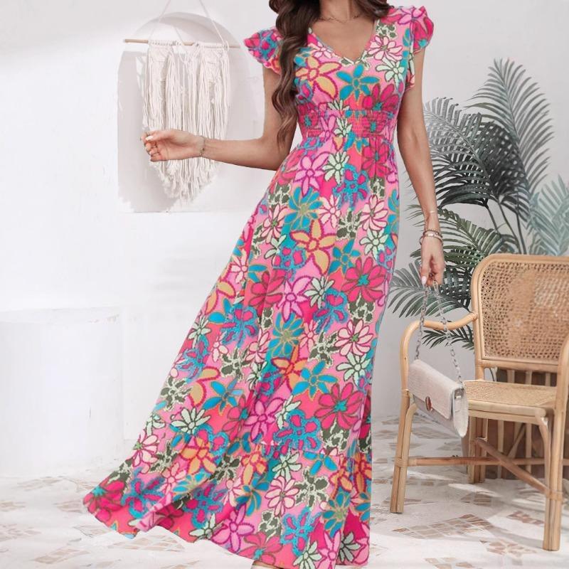 Women's Summer Fresh Sweet Holiday Style Fashion Flower Print Small Flying Sleeve Dress