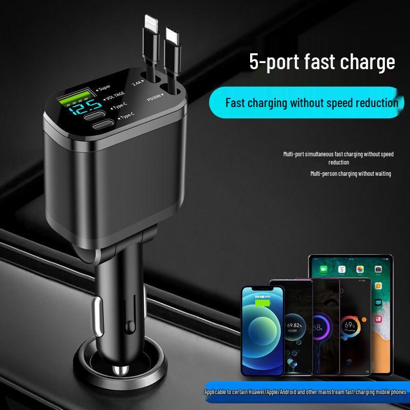 Digital Display Car Charger with Retractable PD Cable - Fast 5-in-1 Cigarette Lighter Charger