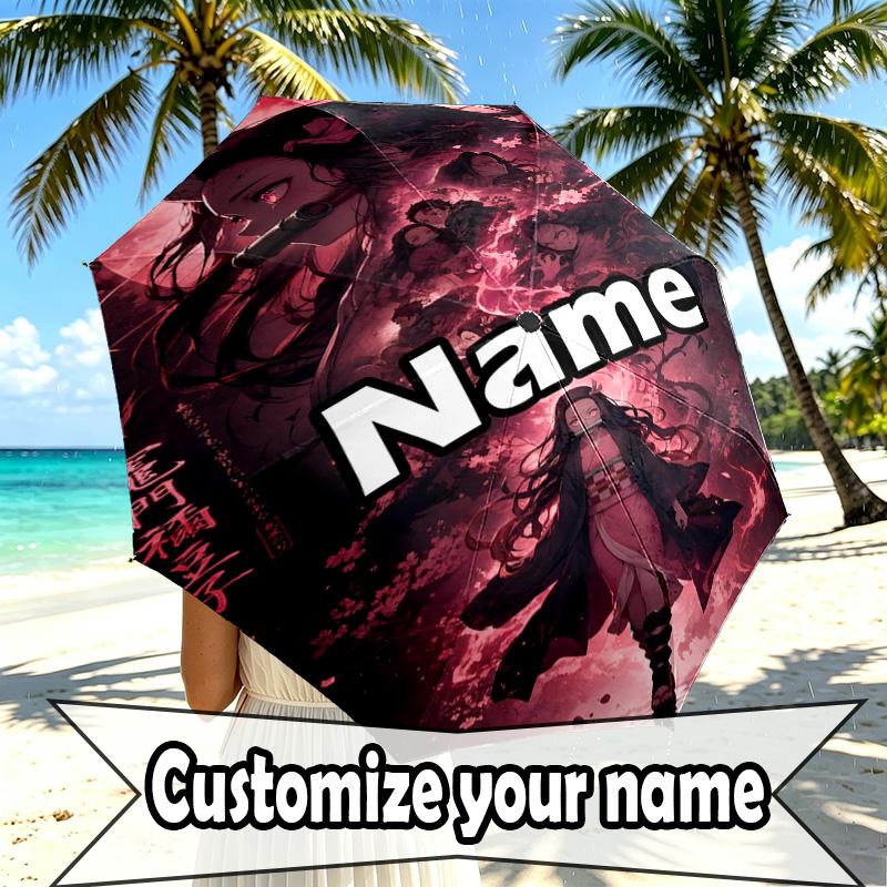 Custom Name Personalized Demon Slayer Print Umbrella, Auto Open Close, 8‑Rib Sturdy Frame, Commute Camping Hiking Use, Birthday Gift