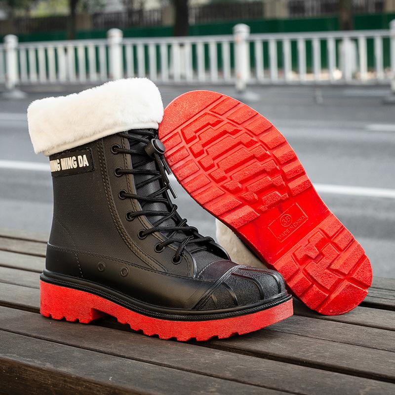 Rain Shoes Women's Middle Tube Fashion Outer Wear Platform Waterproof Shoes Non-slip Water Boots Velvet Kitchen Rubber Shoes Short Rain Boots