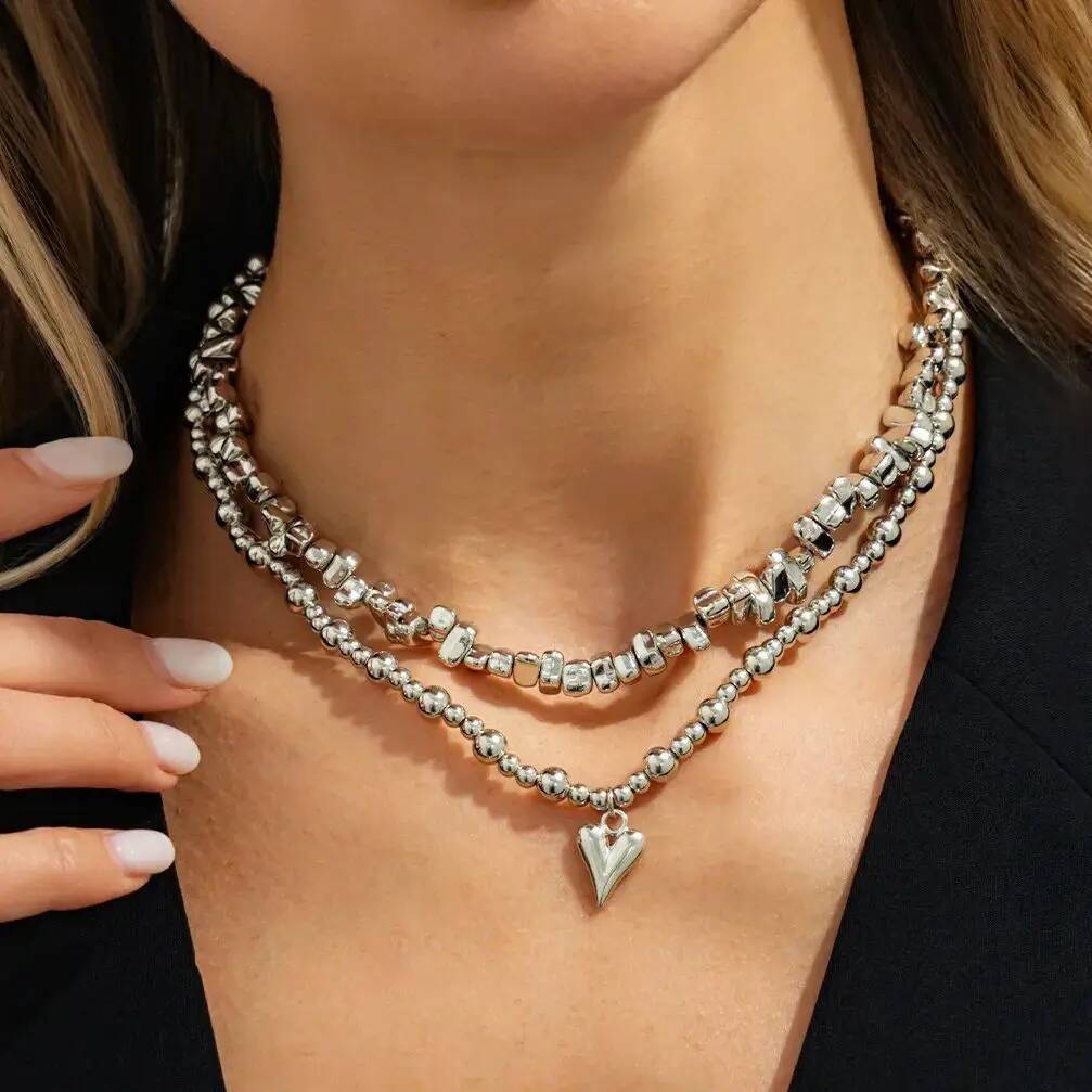 

Ingemark 2Pcs/set Trend Heart Pendant Necklace Women Retro Creative Geometric Irregular Bead Silver Color Clavicle Chain Jewelry