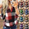 Long Sleeve Women Casual Roll Up Long Sleeve V Neck  Plaid Shirt Slim Top Long