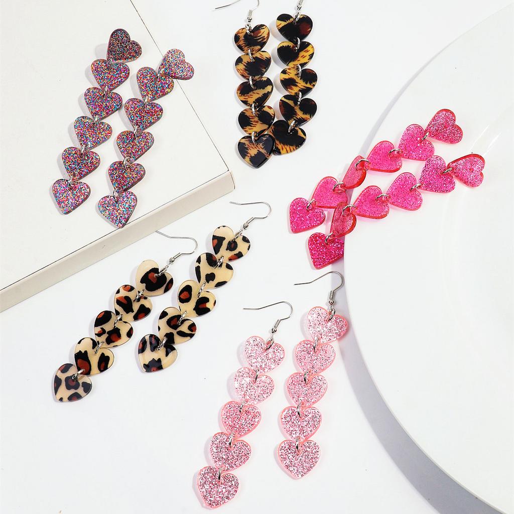 New Leopard 6-Hearts Acrylic Long Dangle Earrings for Women Pink Glitter Love Hanging Earring Jewelry Valentine's Day Gifts