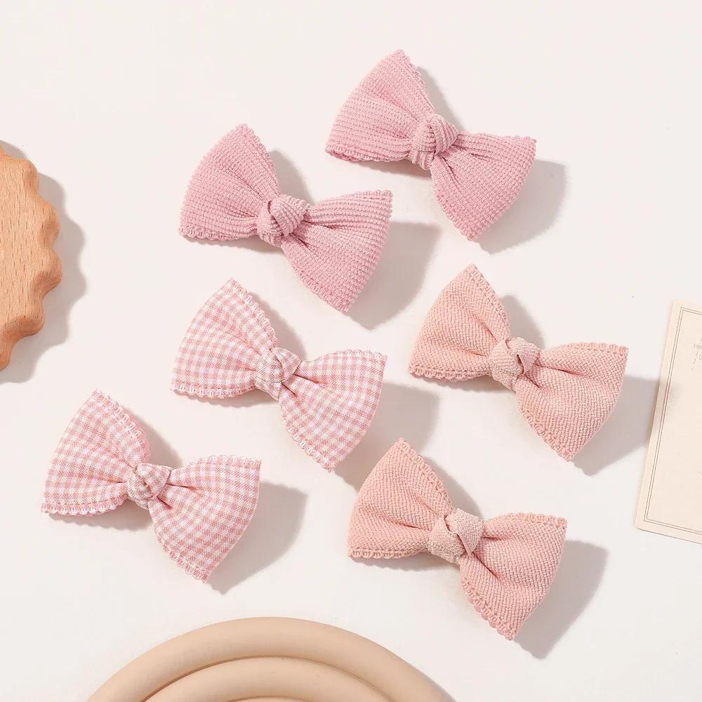 6pcs/Set Sweet Solid Color Cotton Plaid Hair Bows for Baby Girls Handmade Bowknot Hair Clips Headwear Hairpin Accessories
