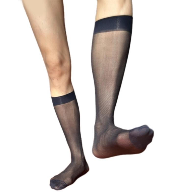 Men's Middle Calf Business Socks with Twill Pattern See Through Thin Nylon Dress Socks Stockings for Formal Occasion