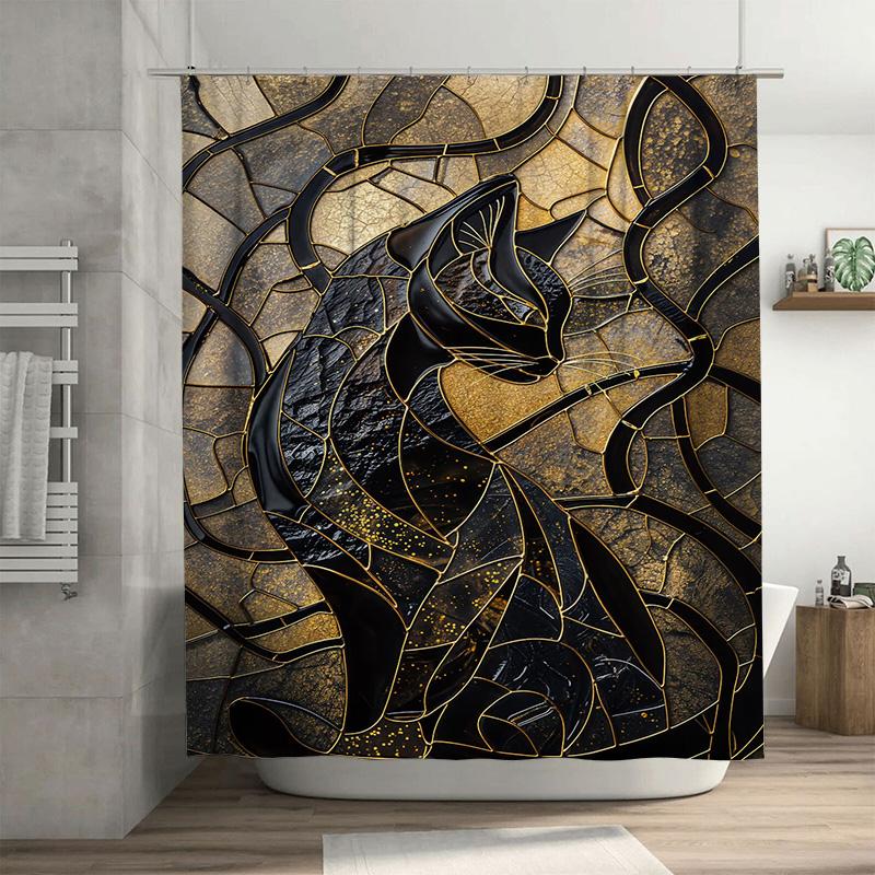 

Роскошная золотая черная шторка для душа с принтом кошки 3D водонепроницаемый декор для ванной комнаты современные домашние аксессуары простой монтажный комплект вкл. 90x180cm