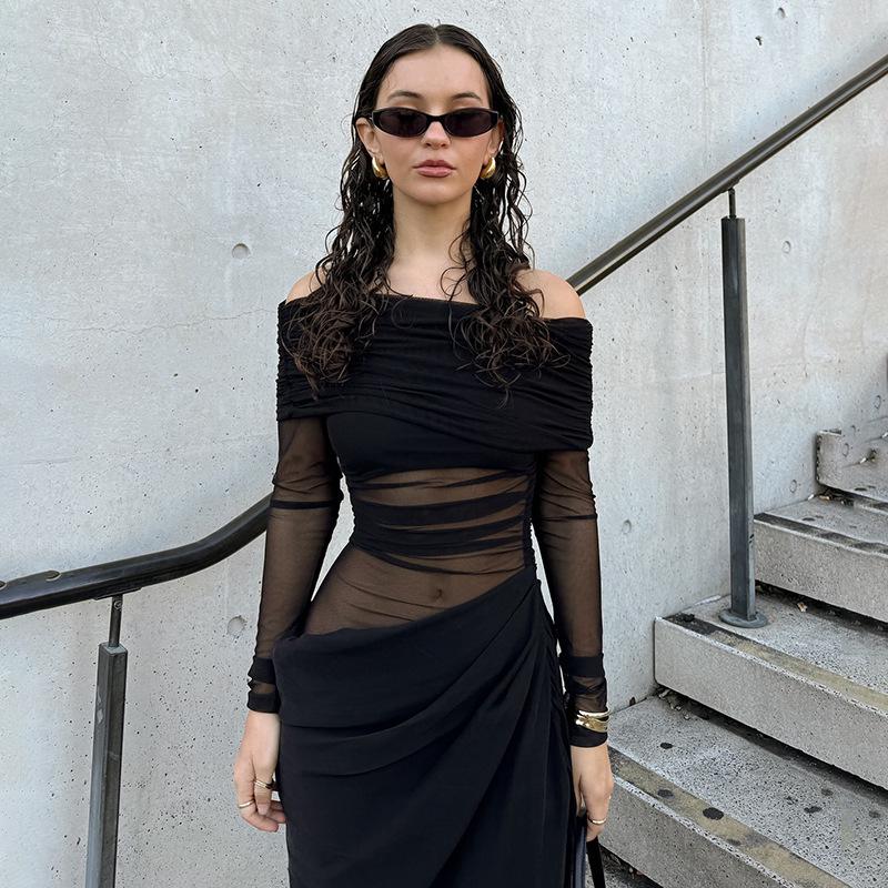 2025 Spring/Summer Women's One-Shoulder Mesh Patchwork Bodycon Dress