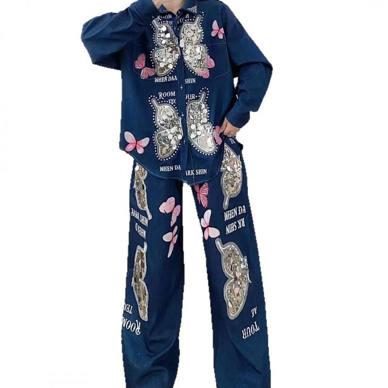 2026 Womens Vintage Denim Set Loose Jacket Wide Leg Pants Streetwear