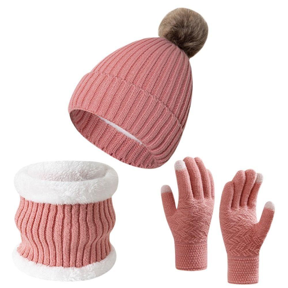 3Pcs/Set Thicken Winter Hat Scarf Gloves Set Plush Lining Touchscreen Gloves for Men Women