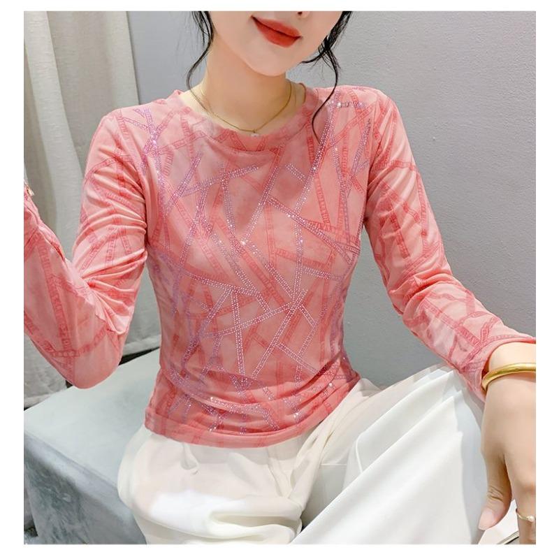 Mesh Bottoming Shirt for Women 2025 Autumn New European Fashion Hot Diamond Long-sleeved T-shirt with Top Stylish Small