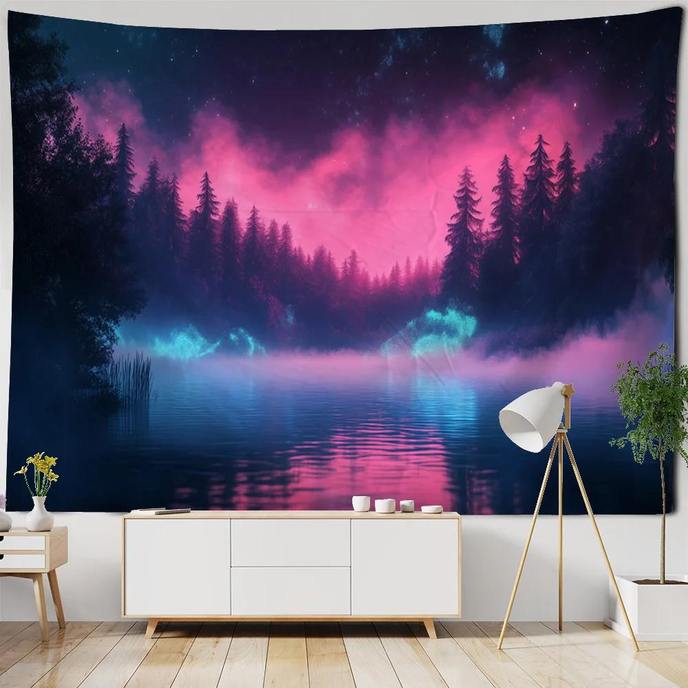 Aurora Lake Forest Starry Sky Tapestry Wall Hanging Cloth for Bedroom Headboard Living Room Sofa Decor