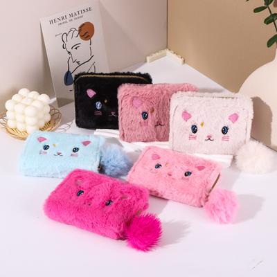 Portefeuille en cuir PU pour fille, mignon, brodé, motif chat, en peluche, porte-monnaie, fermeture éclair courte, porte-cartes d'identité et de crédit