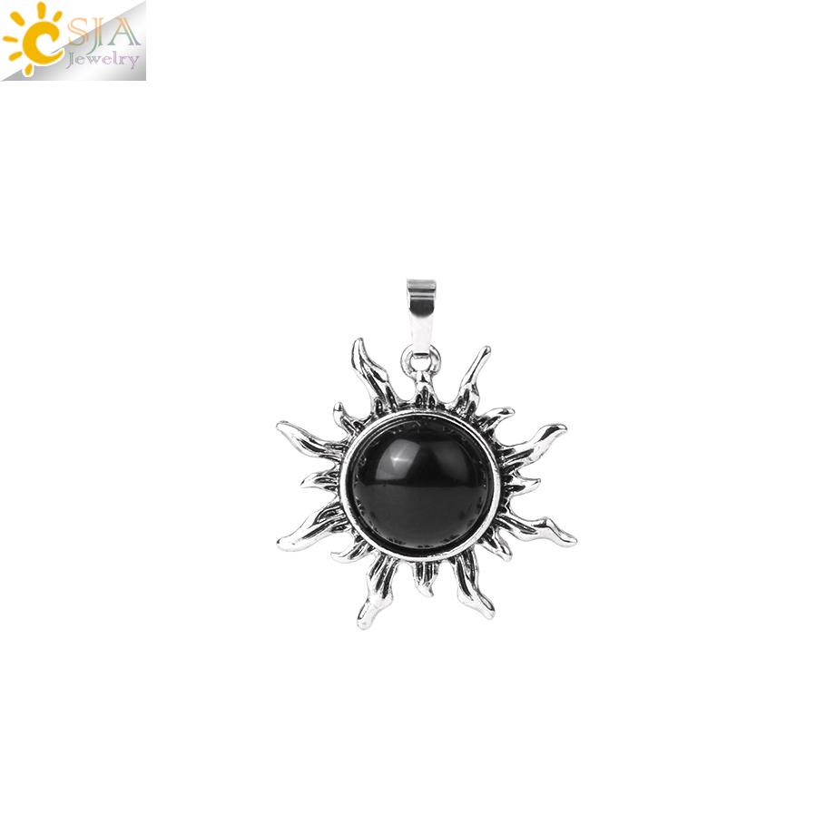 CSJA Vintage Sun Flower Pendant Natural Stone Crystal Necklace Genuine Round Amethysts Pink Quartz Obsidian Lapis Lazuli H120