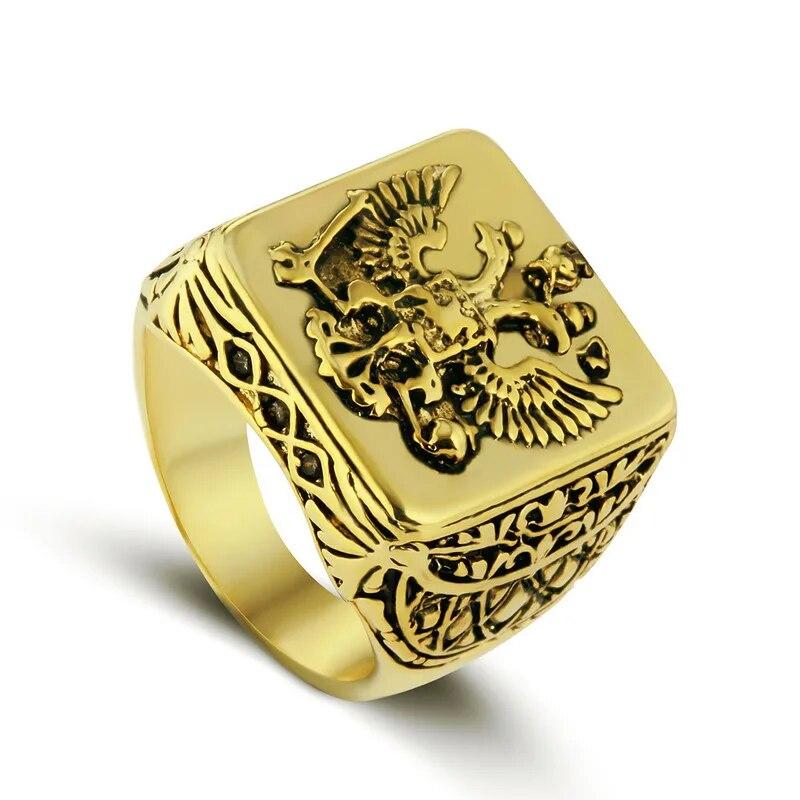 FDLK Bague chevalière tendance pour homme Empire russe Aigle bicéphale Bagues pour homme Punk Couleur or Armoiries de la Russie Grosse bague