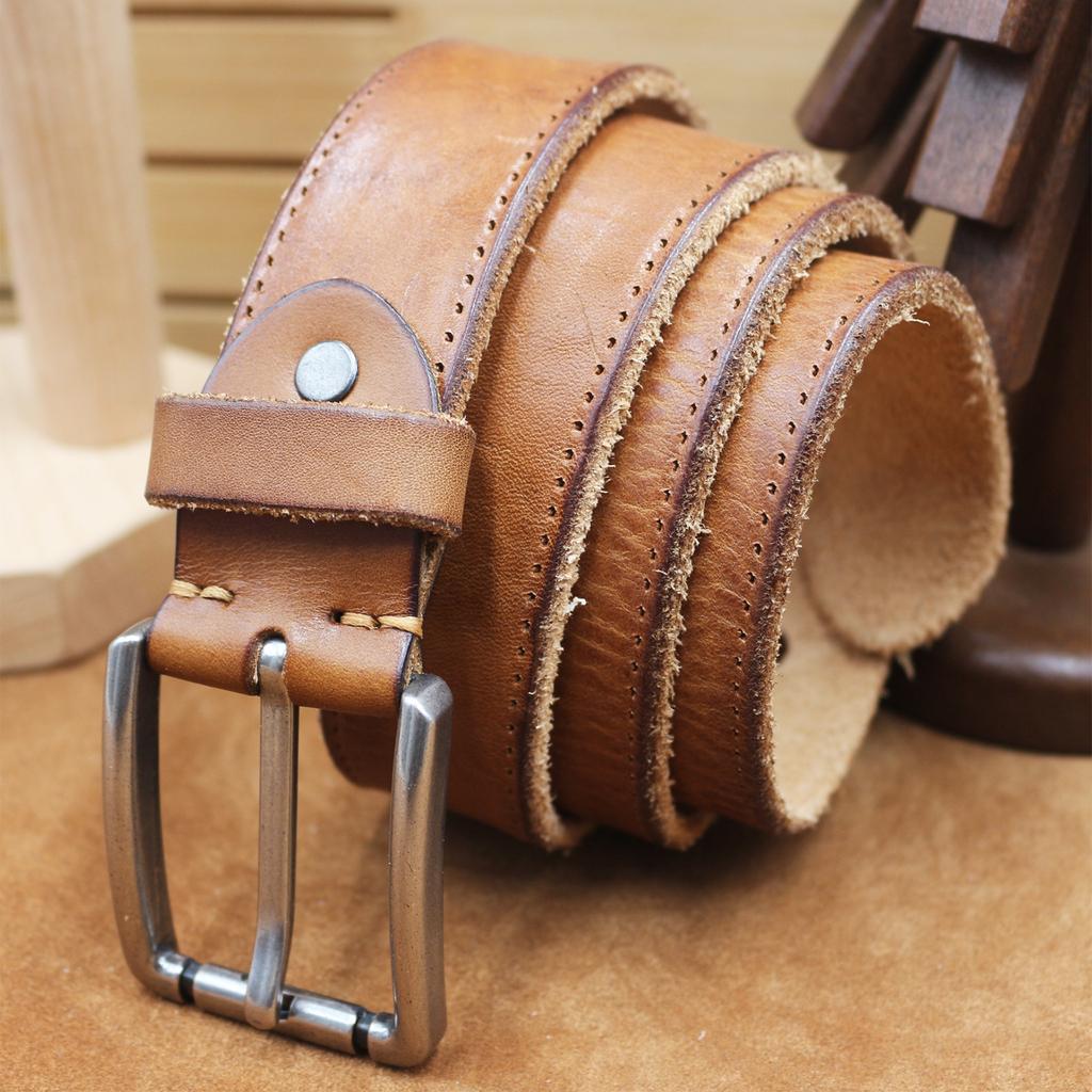 Thickened Genuine Leather Needle Buckle Top Layer Cowhide Fake Stitching Color Belt, Men's Retro Versatile Denim Belt
