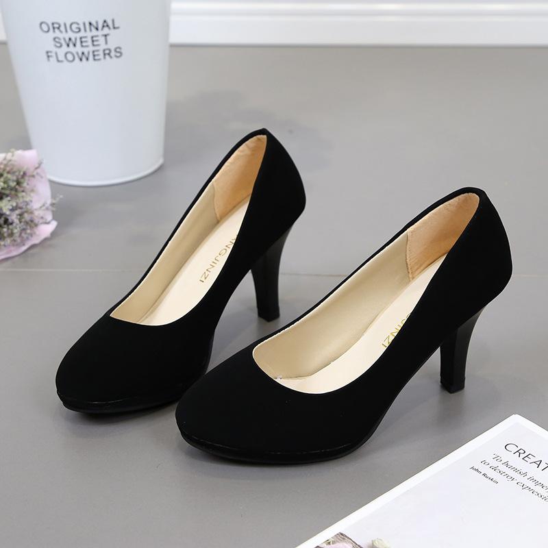 Spring and Autumn New Fashion Korean Version Round Head Solid Color Suede High Heel OL Professional Work Shoes Women's Leather Single Shoes