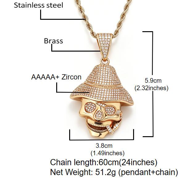Lebi Pirate Skull Full Diamond Copper Set Zircon Pendant Twist Chain Hip Hop Men'S Necklace