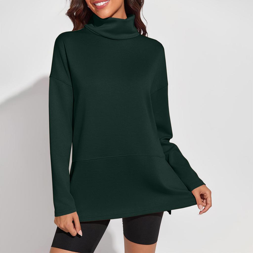 Women's Solid Color Slit Round Neck Sweatshirt Casual Top Loose Long Sleeved Top