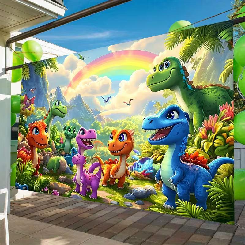 Polyester Cartoon Dinosaur Backdrop, Rainbow Jungle Kids Party Background Banner for Birthday & Baby Shower