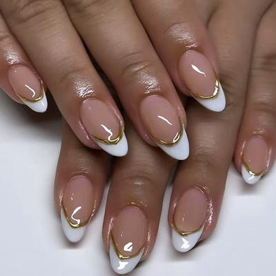 Simple Three-dimensional Phnom Penh White French Medium and Long Almond Nail Versatile Ins European and American Style Nail Art Pieces 24 Pieces